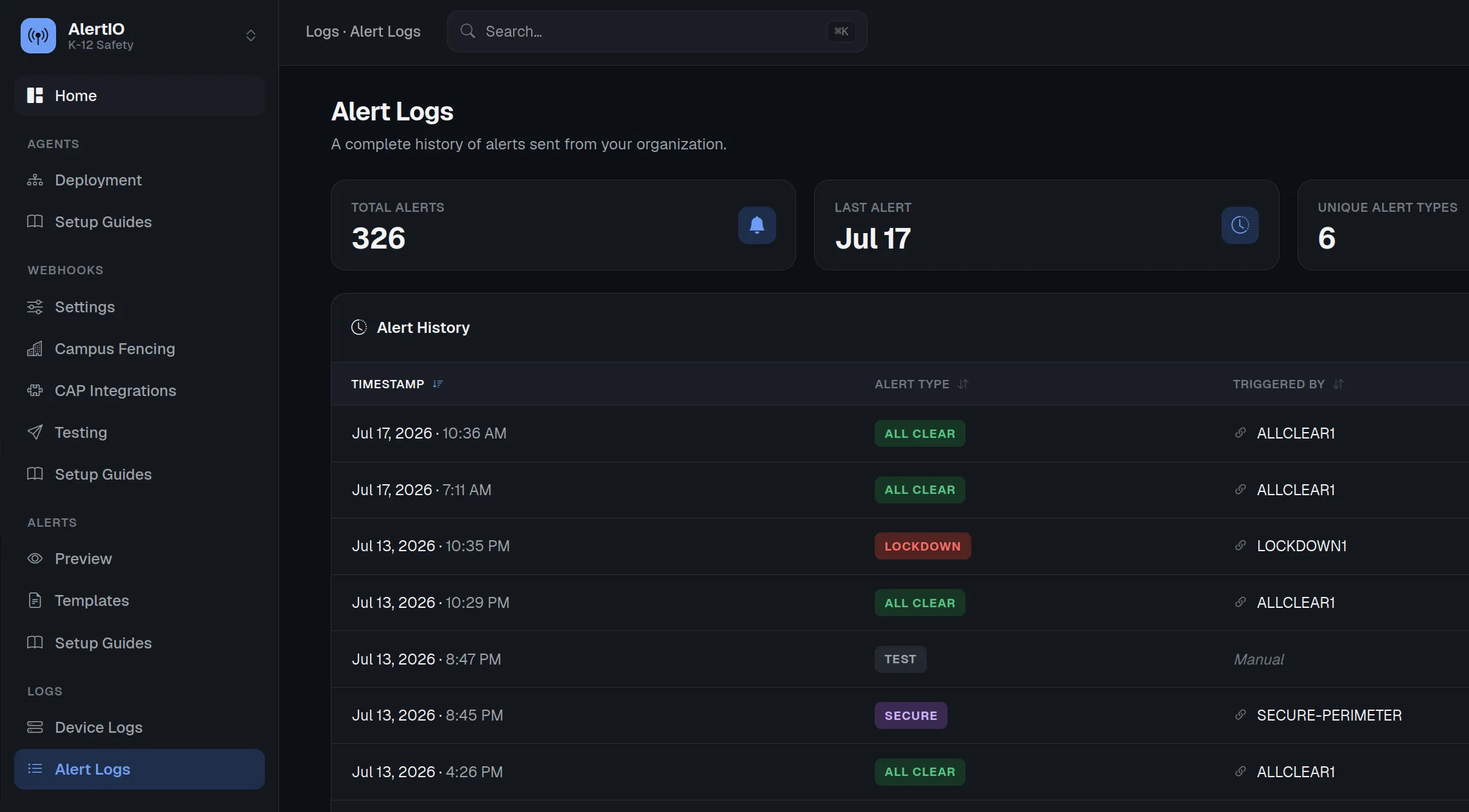 AlertIO comprehensive alert logs