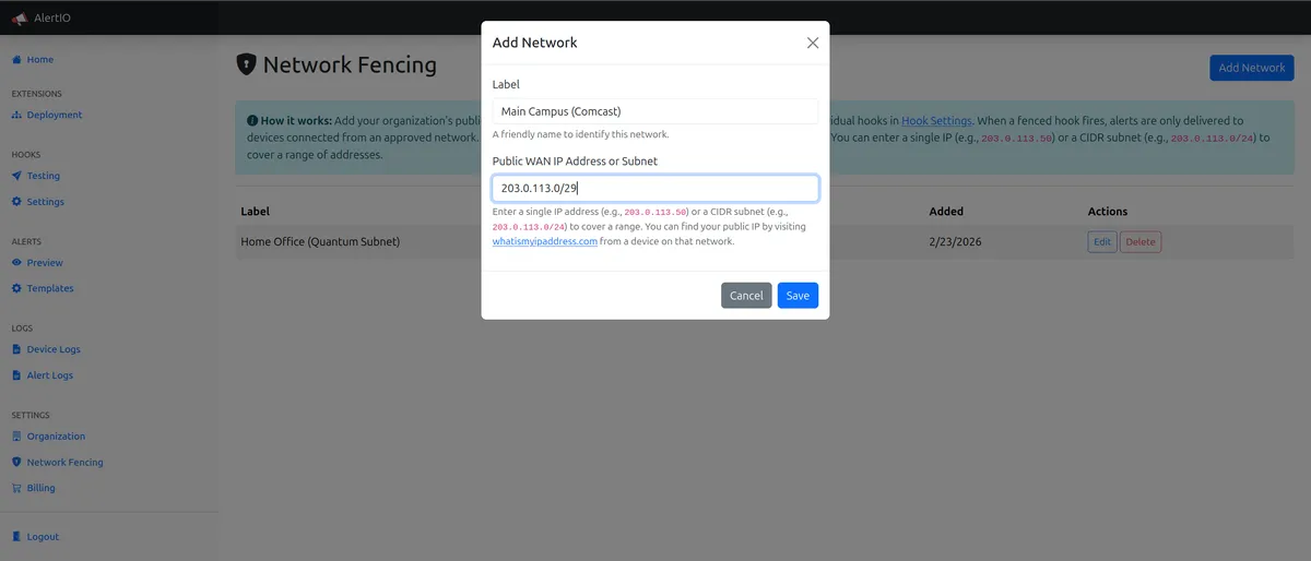 AlertIO Network Fencing